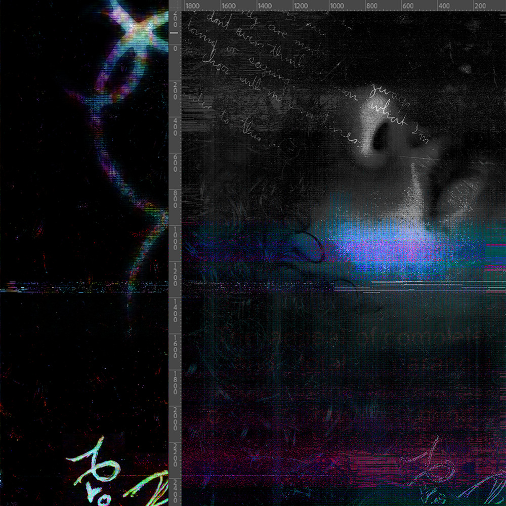 Grey, Blue and Pink image of a face; framed by a box, glitches and doodles