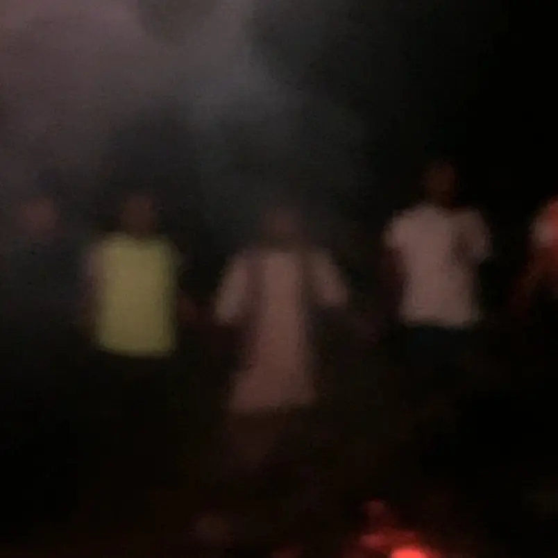 A hazy and blurry image of 3 or more unidentified people and the glowing embers of a dying fire