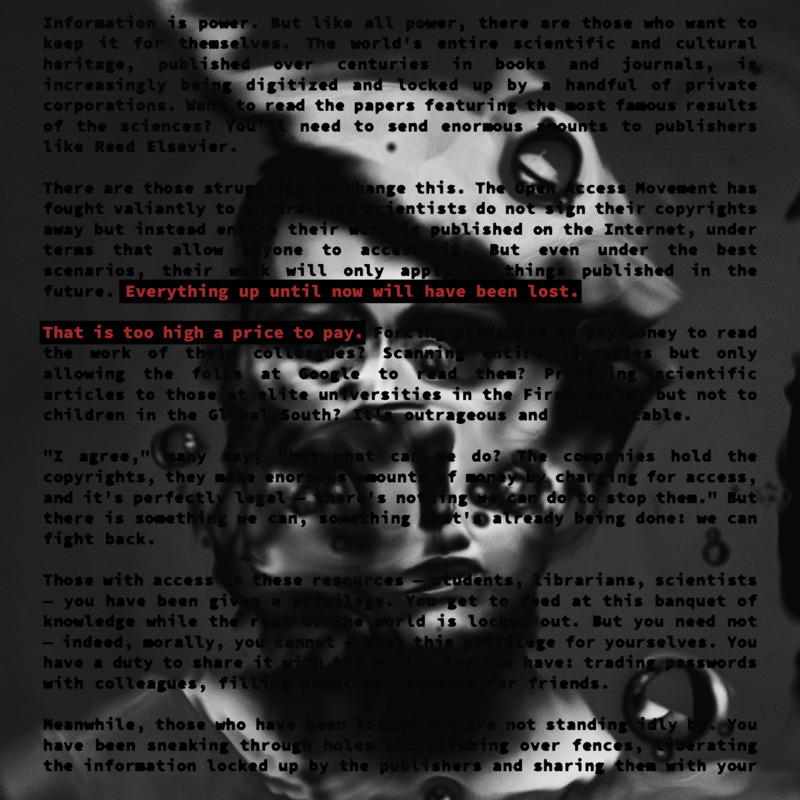 A face refracted through water with a portion of the Guerilla Open Access Manifesto overlayed ontop. 'Everything up until now will have been lost.' and 'That is too high a price to pay.' are highlighted in red.